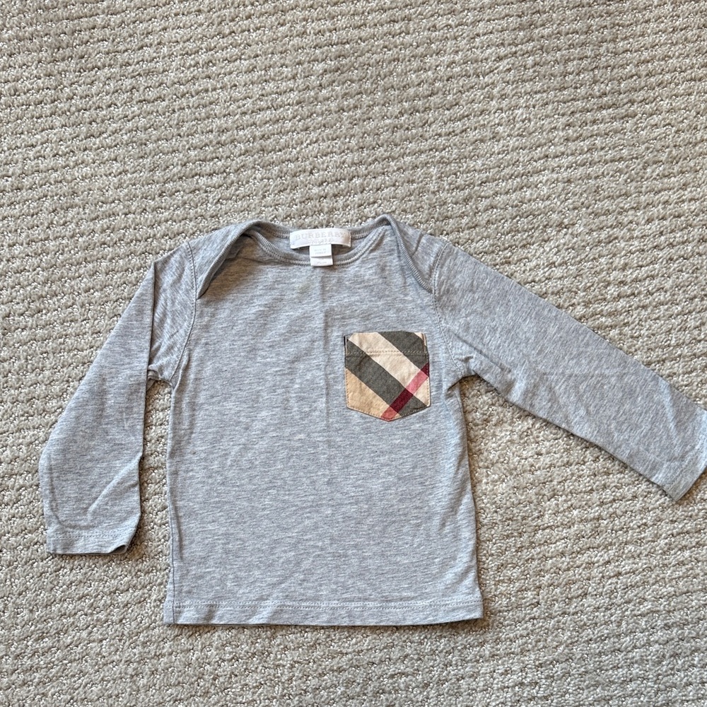 Burberry Kids Long Sleeve Gray Shirt with Check Accent Pocket